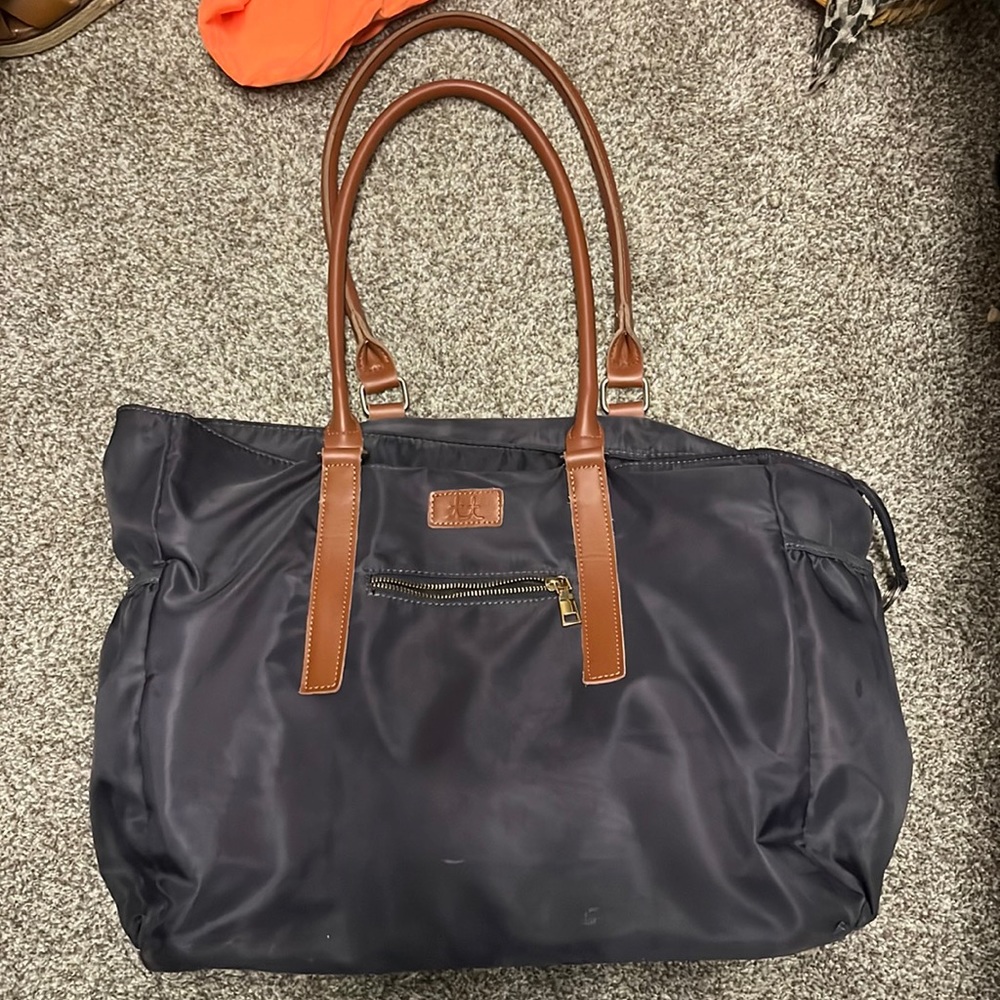 Stylish Black Tote Bag with Brown Accents